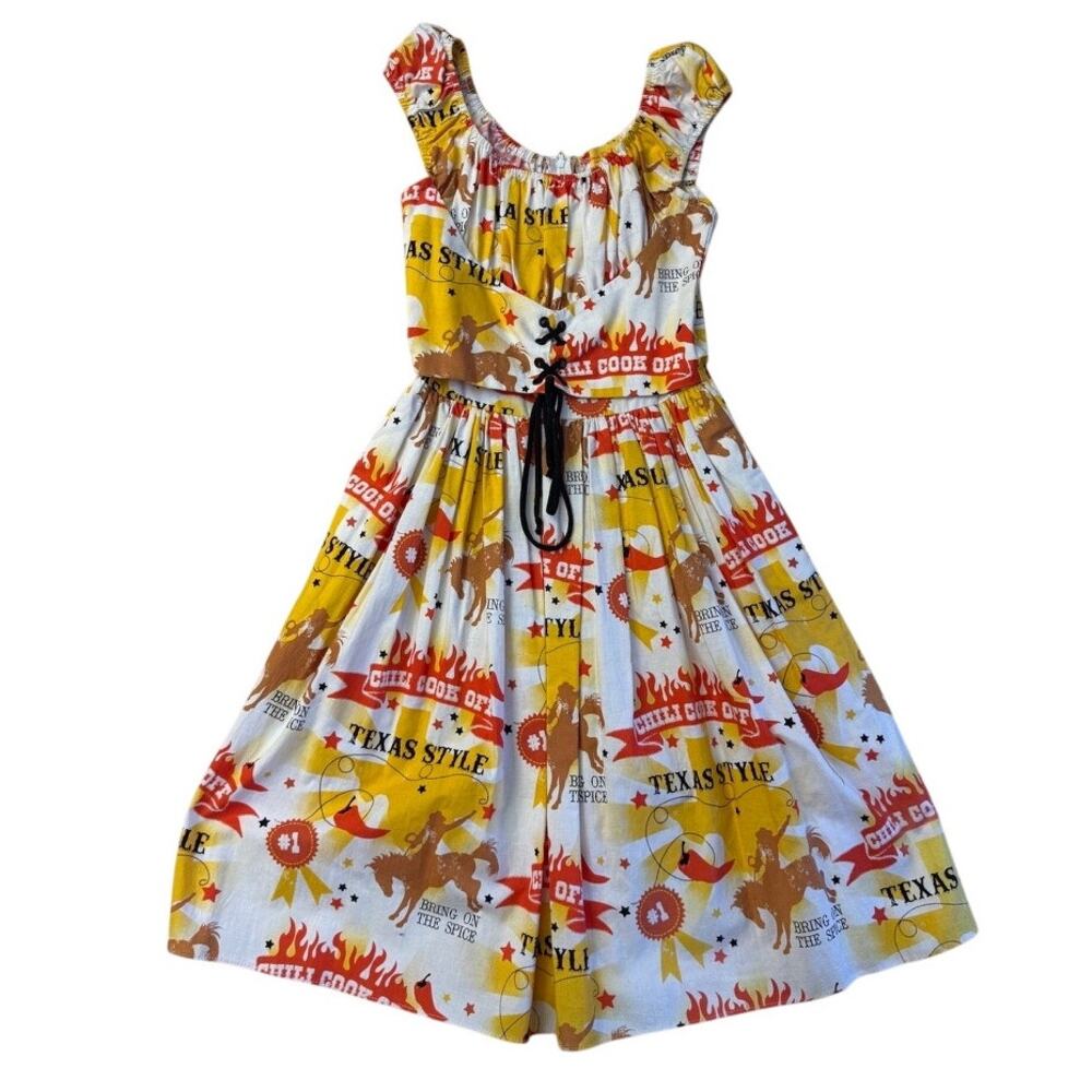 Bernie Dexter Cowboy Texas Boots Chili Cook Out Orange Yellow Dress Womens Small